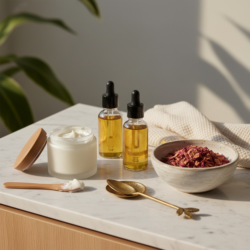 alt text: A white marble countertop with a glass jar of body butter, two bottles of oil, a bowl of dried flower petals, an...